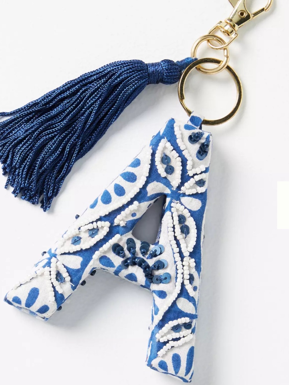 Anthropologie Blue & White Beaded Tassel Letter A Keychain